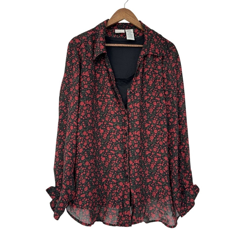 VTG White Stag Dark Floral Whimsigoth Button Up Blouse Romantic 22 W 24 Long Sle